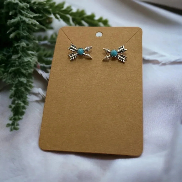 Bohemian Silver Turquoise Stone Arrow Stud Earrings - Picture 2 of 5
